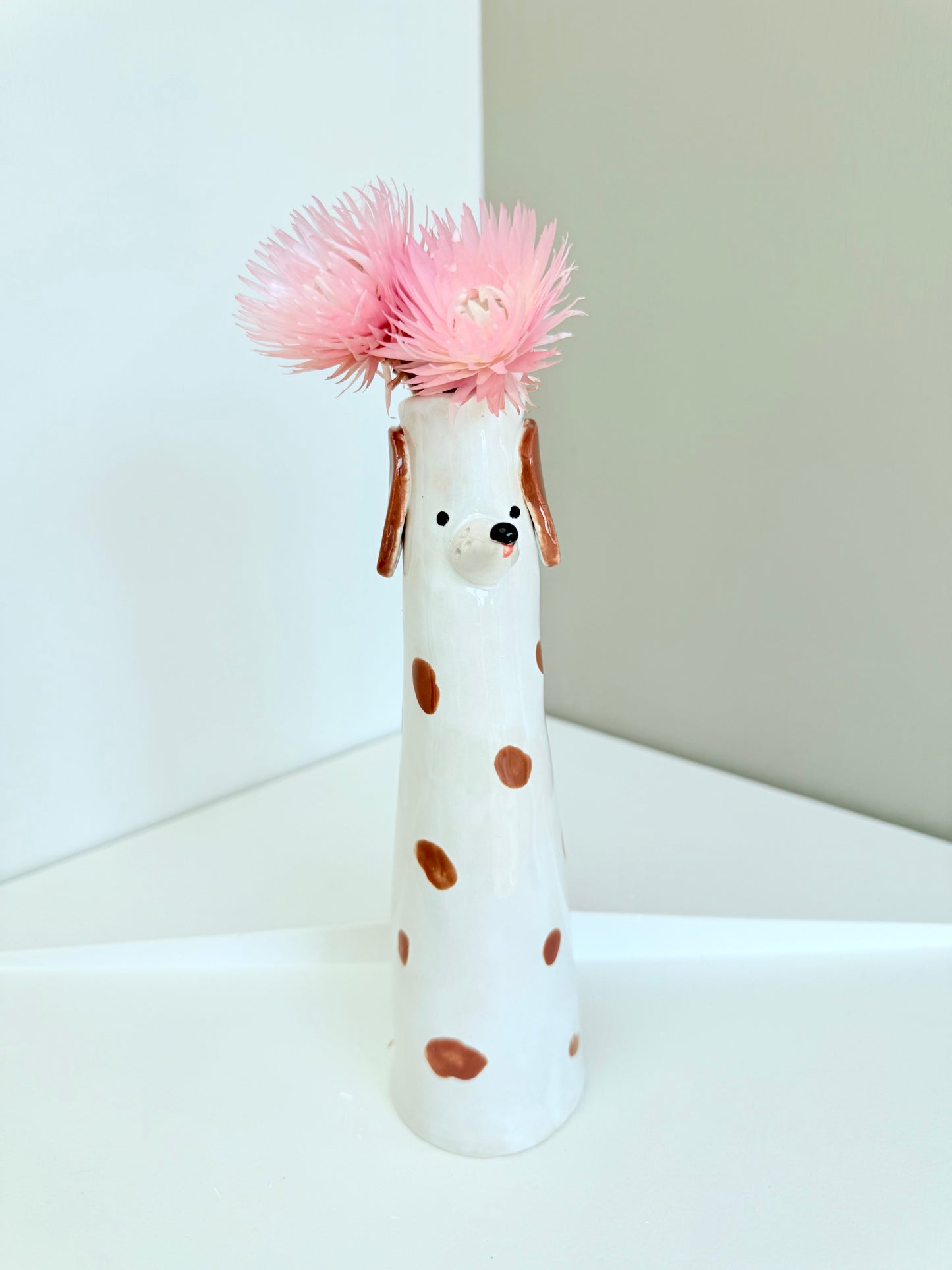 Cute Dog shaped skinny vase, handmade and hand painted ceramic doggy vase, unique gift