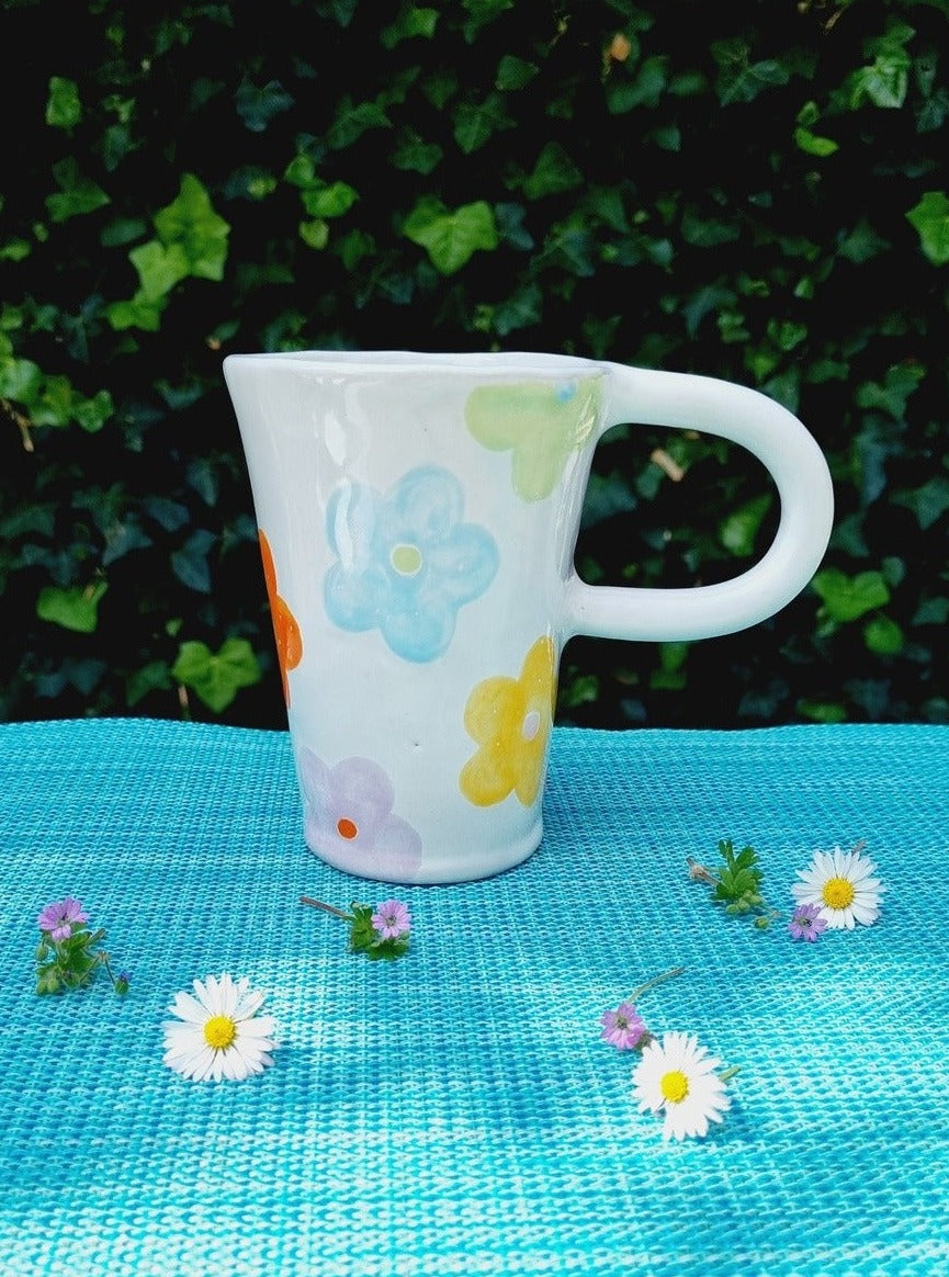 Large handmade mug with colorful large flowers, handpainted flower power mug. Unique mug.