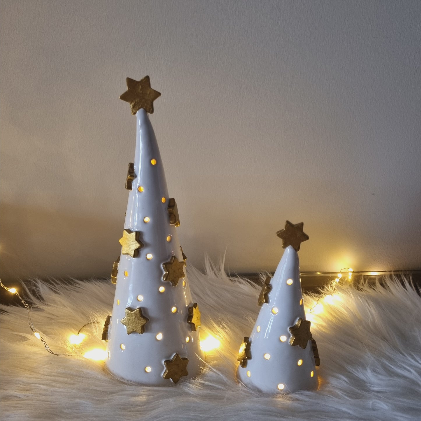 Ceramic Tree with golden stars, Small Space Christmas Tree