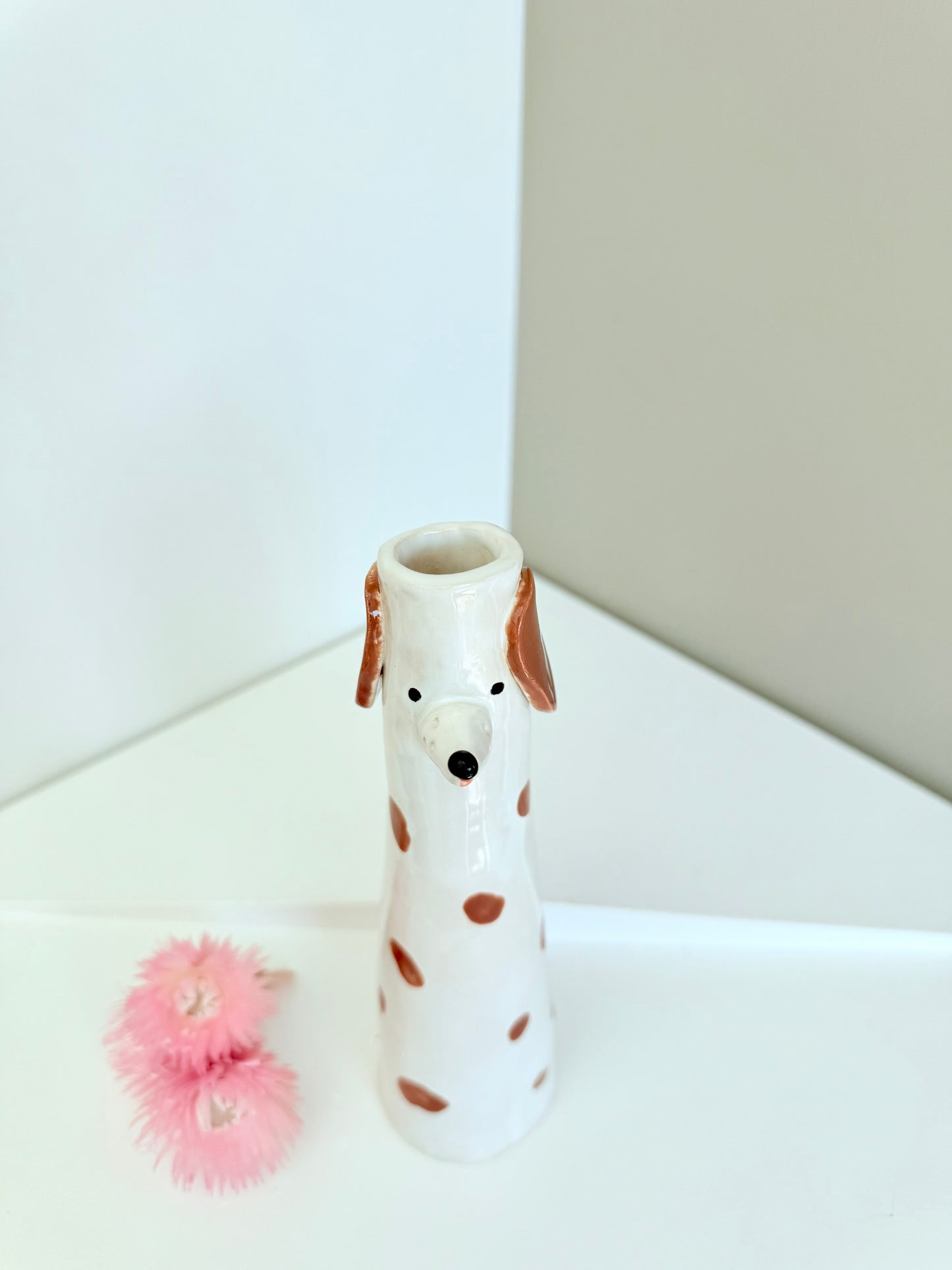 Cute Dog shaped skinny vase, handmade and hand painted ceramic doggy vase, unique gift