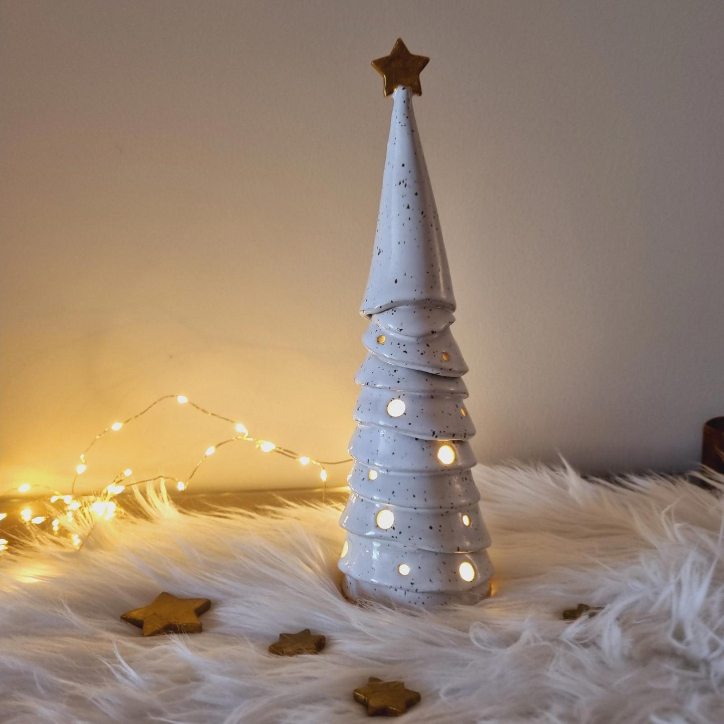Ceramic Christmas Tree, white pierced Holiday luminary