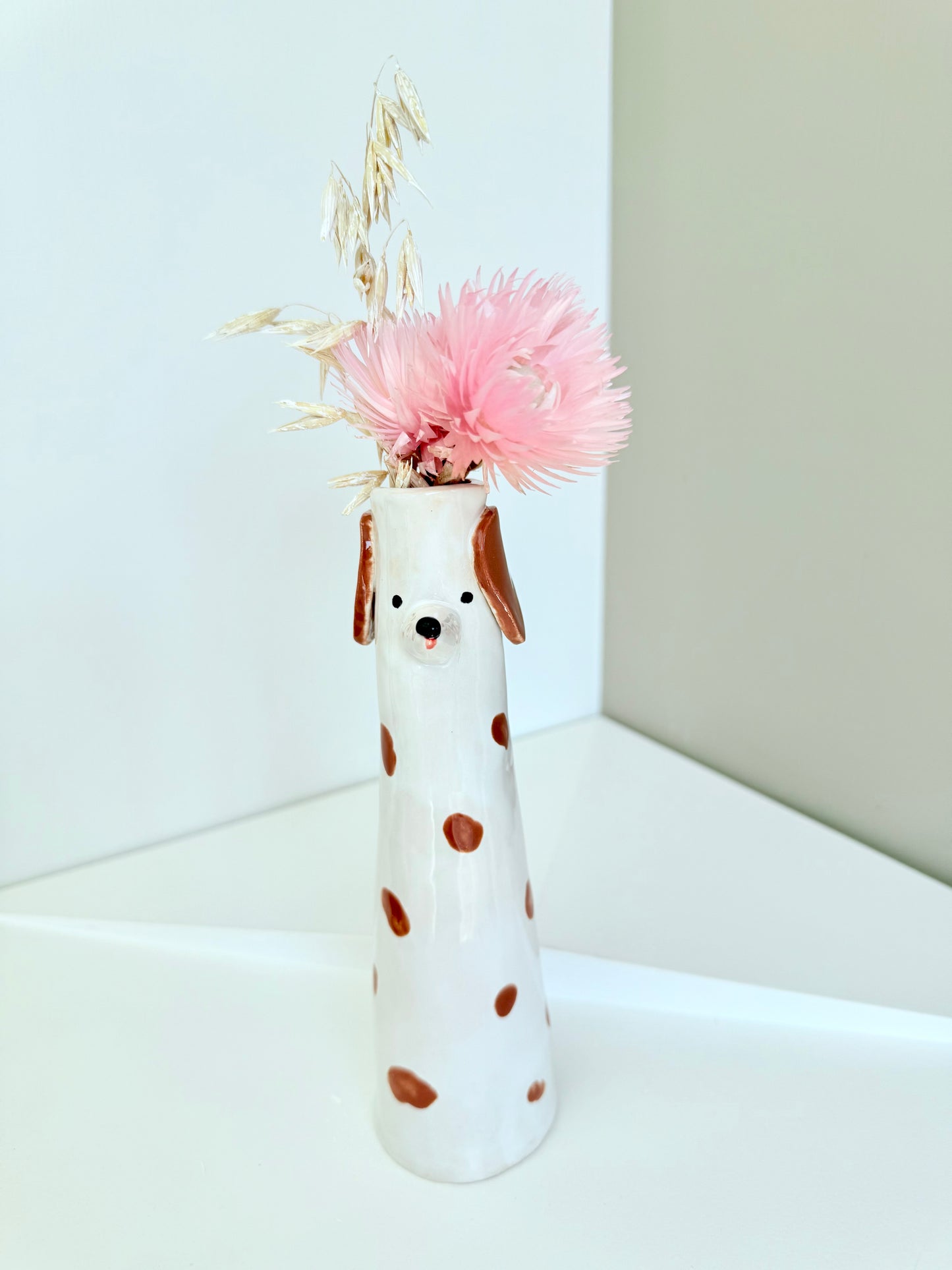 Cute Dog shaped skinny vase, handmade and hand painted ceramic doggy vase, unique gift
