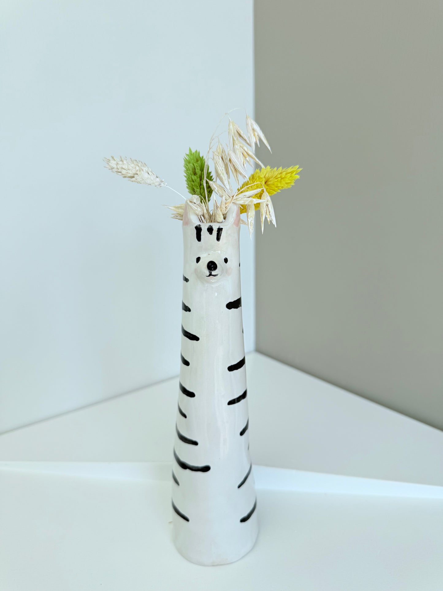 Cute Cat shaped skinny vase, handmade and hand painted ceramic kitty vase, unique gift