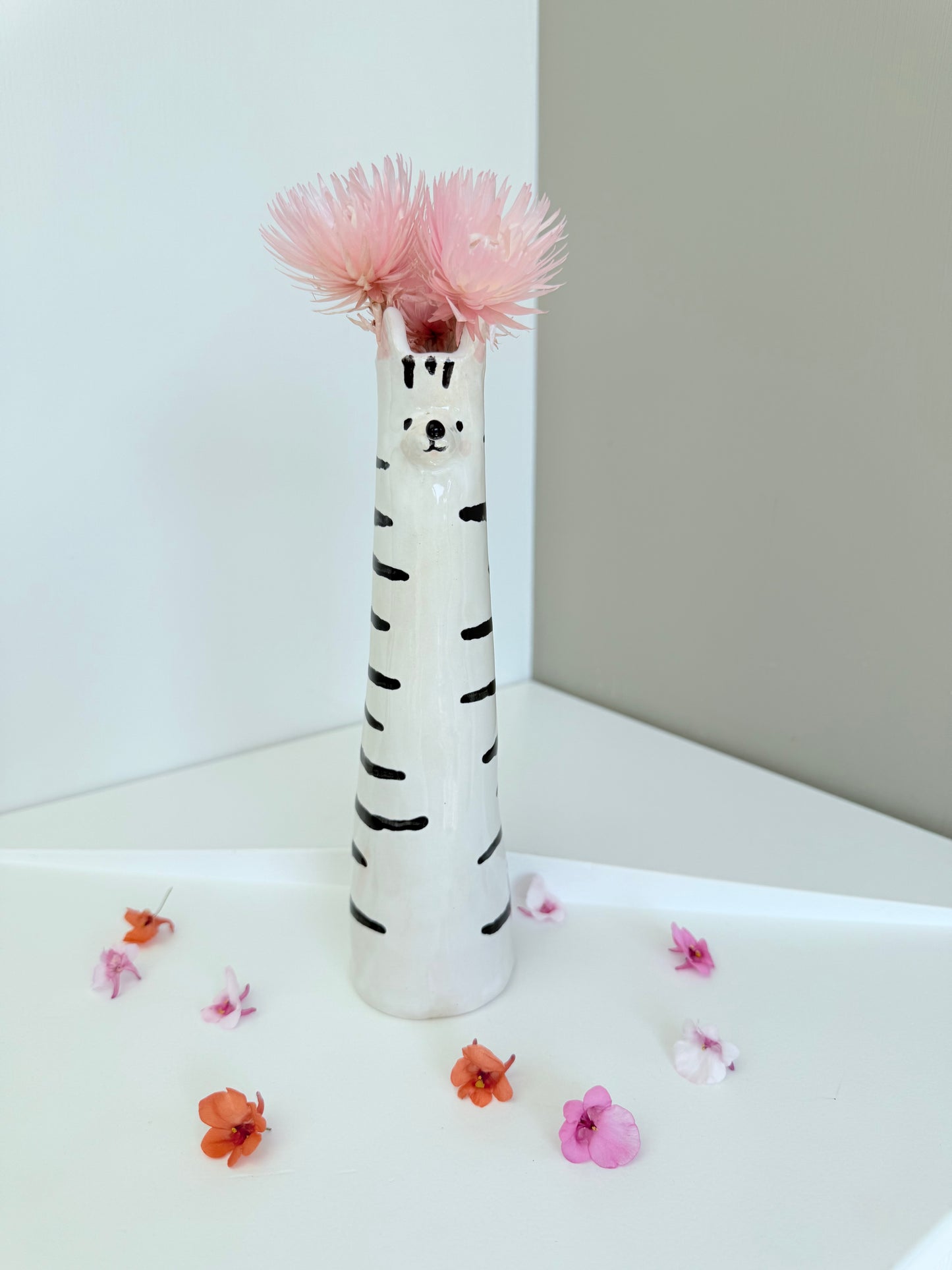 Cute Cat shaped skinny vase, handmade and hand painted ceramic kitty vase, unique gift