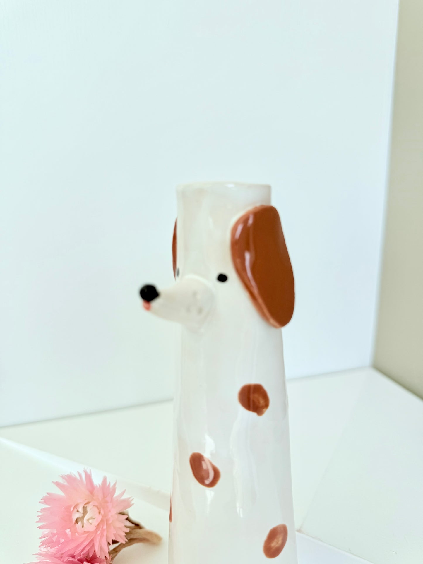 Cute Dog shaped skinny vase, handmade and hand painted ceramic doggy vase, unique gift