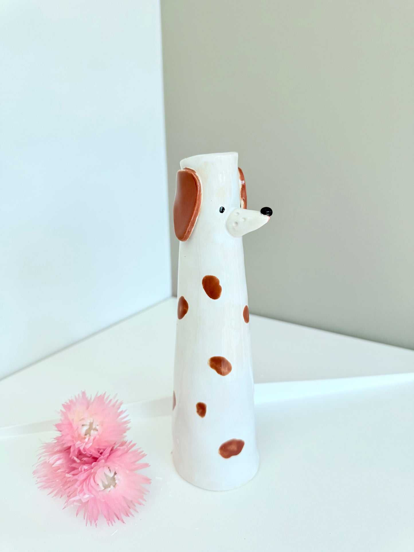 Cute Dog shaped skinny vase, handmade and hand painted ceramic doggy vase, unique gift