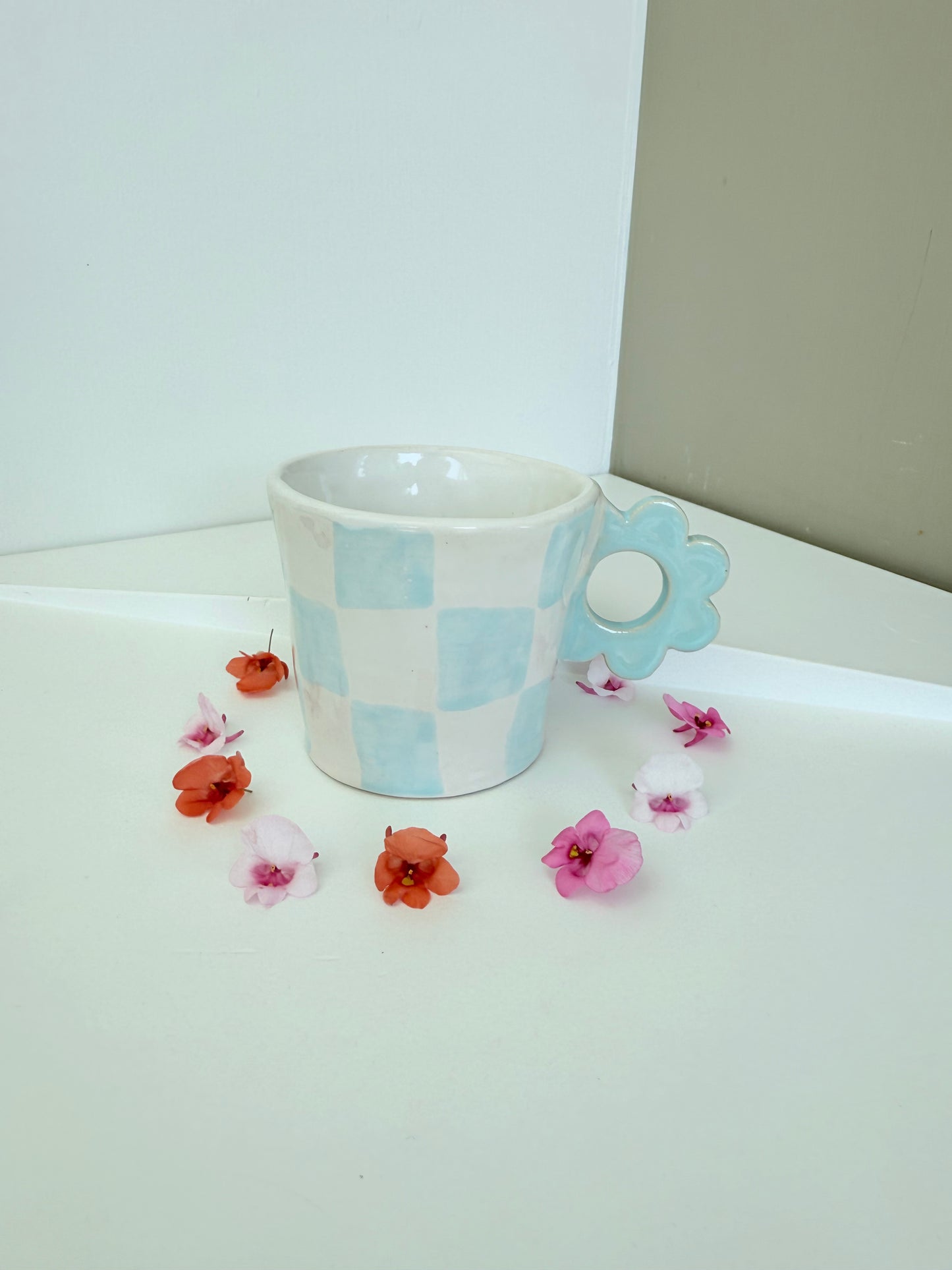 Lovely Turquoise Checkers Mug with Flower Shape Handle
