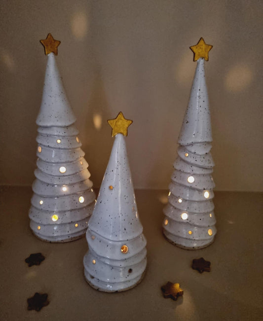 Ceramic Christmas Tree, white pierced Holiday luminary