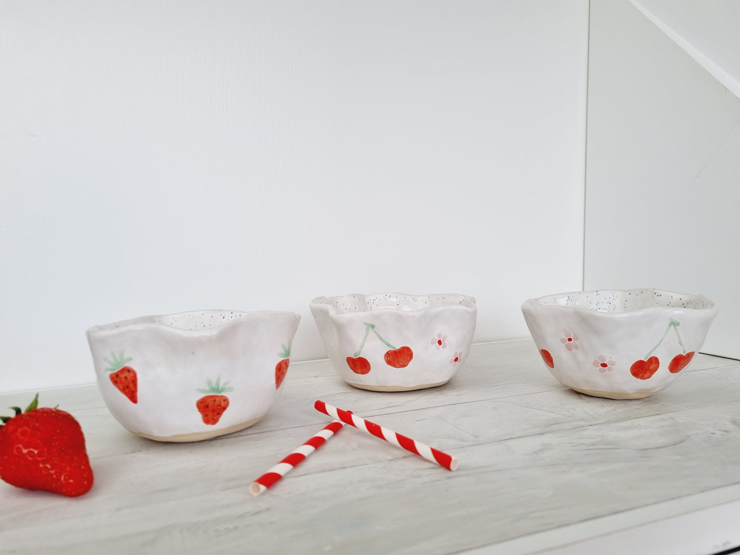 Handpainted berry bowls with cherries or strawberries