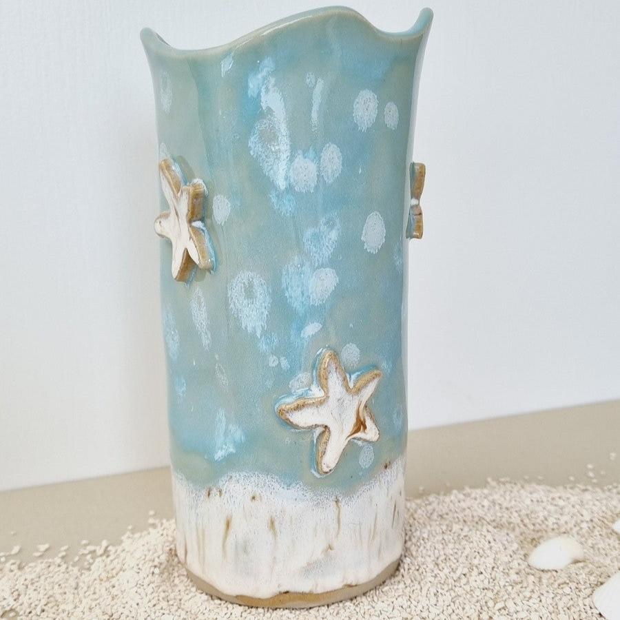 handmade whimsical vase with starfish. Coastal decor