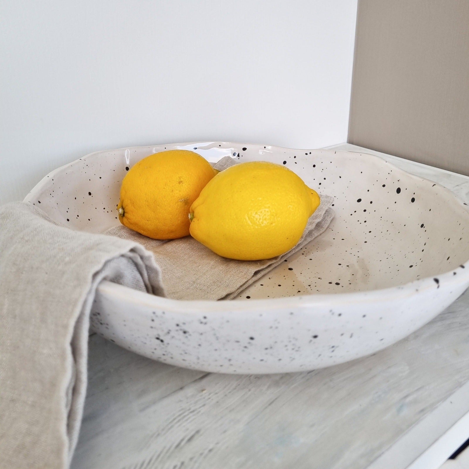 Large White ceramic fruit bowl with black spots, handmade whimsical organic bowl