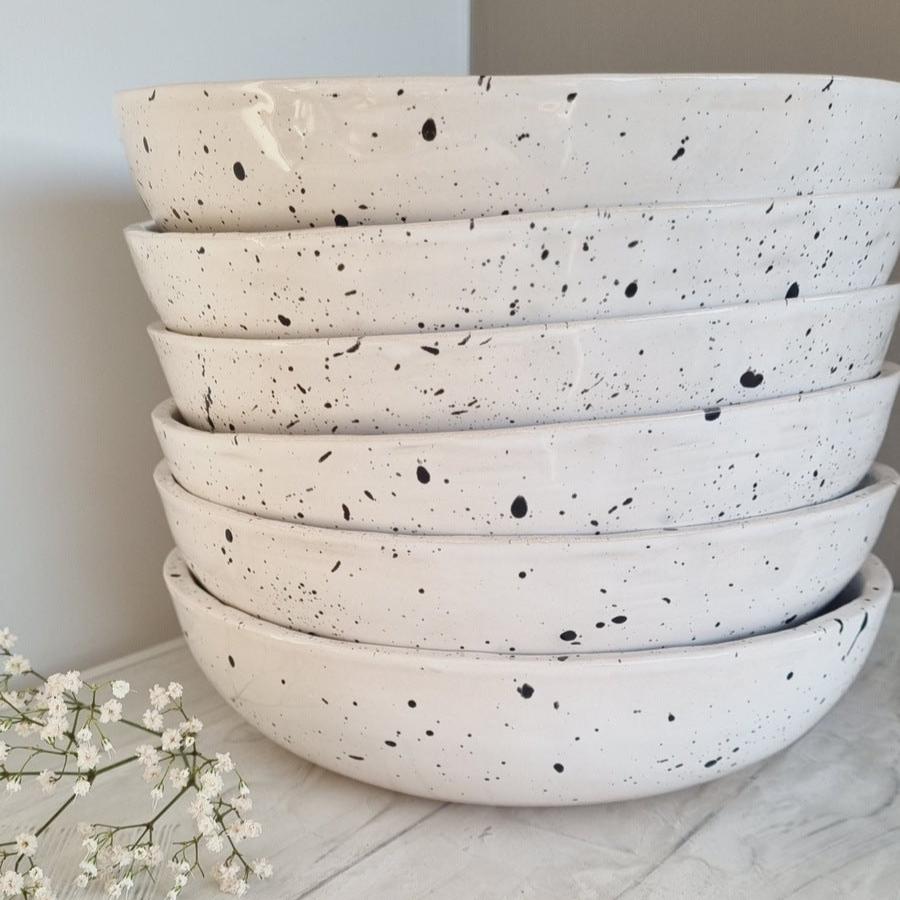 Pasta or salad bowl handmade. White speckled fruit bowl.