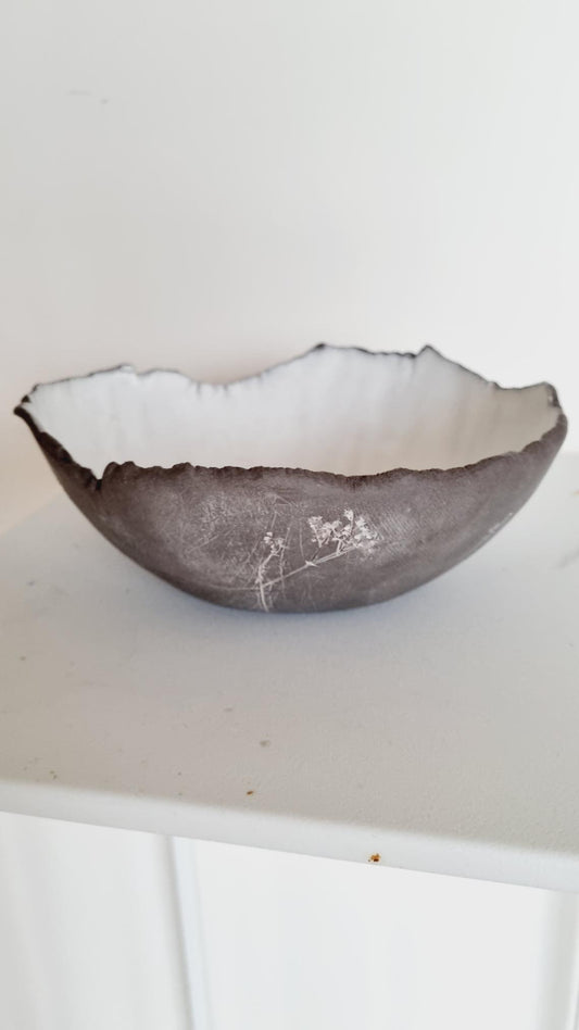 Whimsical handmade bowl, natural clay with imprint of flower