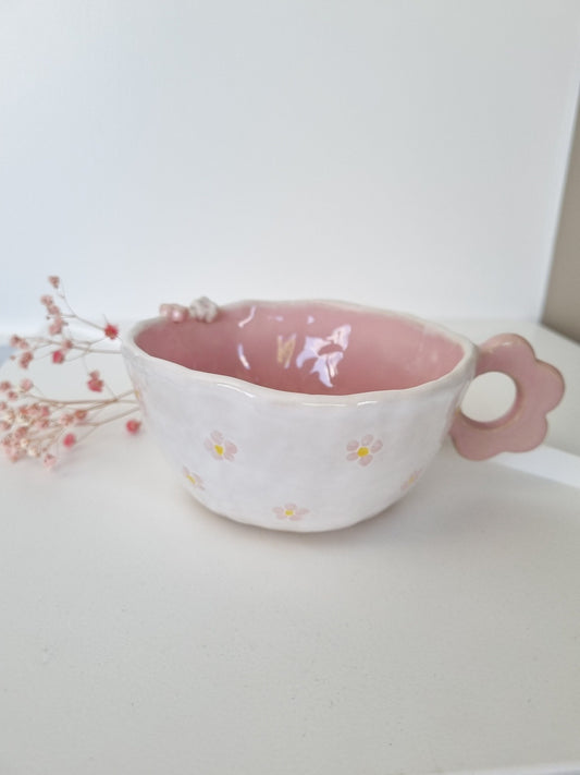Handmade hand shaped whimsical romantic mug hand painted with daisies pink and white