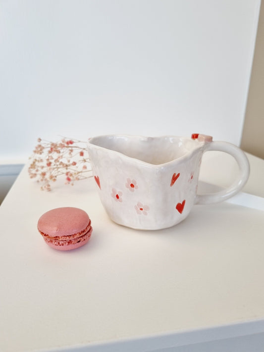 Heart shaped romantic Love mug, hand painted pink and white hearts and daisies