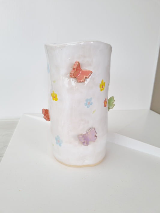 Ceramic Vase with butterflies 3D, Handmade and Hand painted with flowers