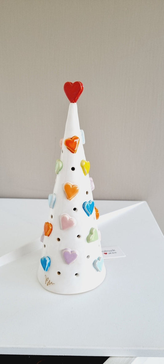 Colorful Ceramic Tree Candle Holder with Hearts, handmade luminary
