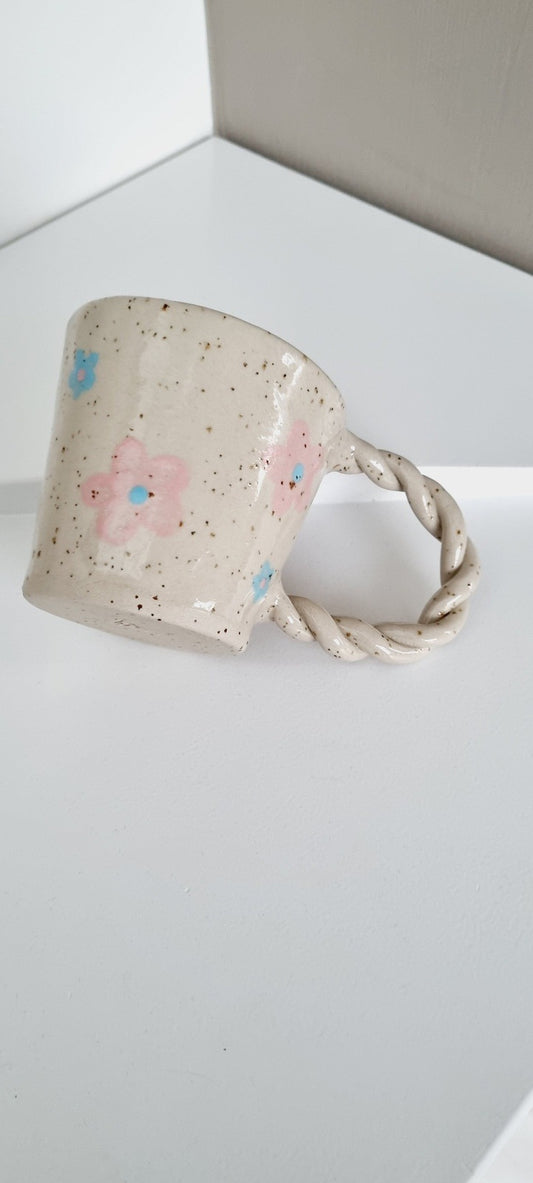 Speckled Handmade girly mug, handpainted with pink green and blue flowers