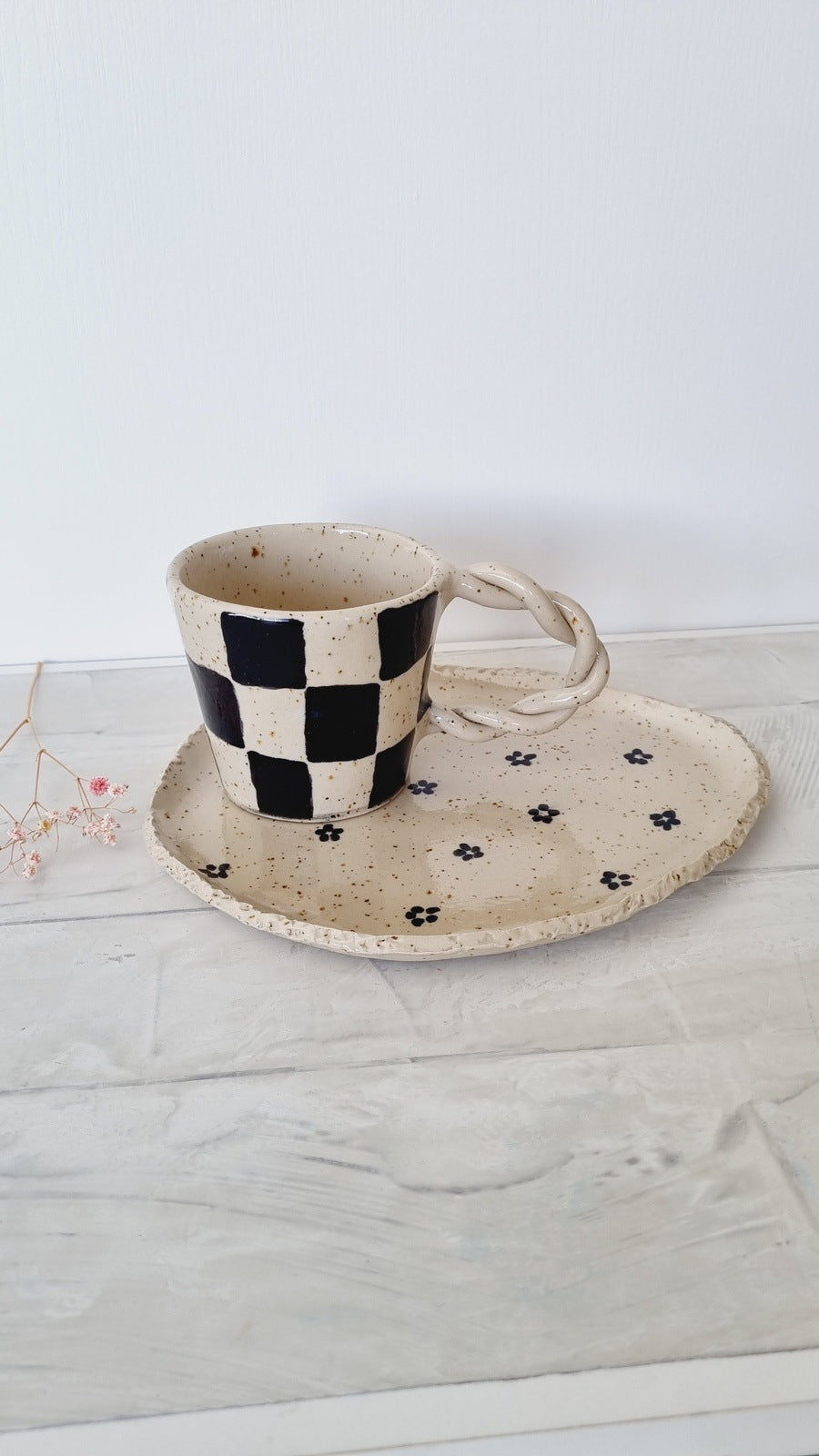 Speckled hand crafted breakfast set, mug with plate