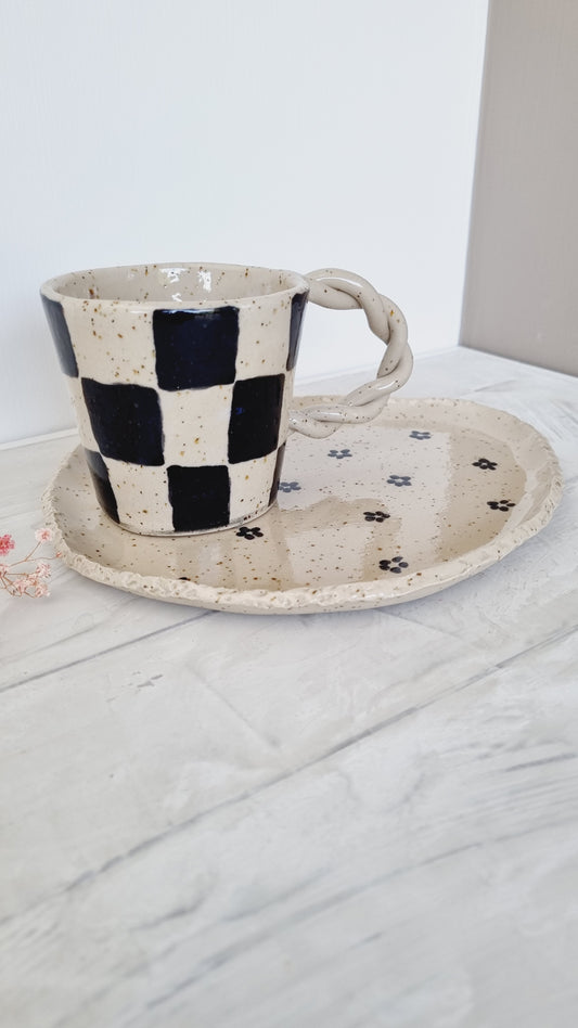 Black checkered mug with plate, handmade breakfast set, handpainted speckled mug