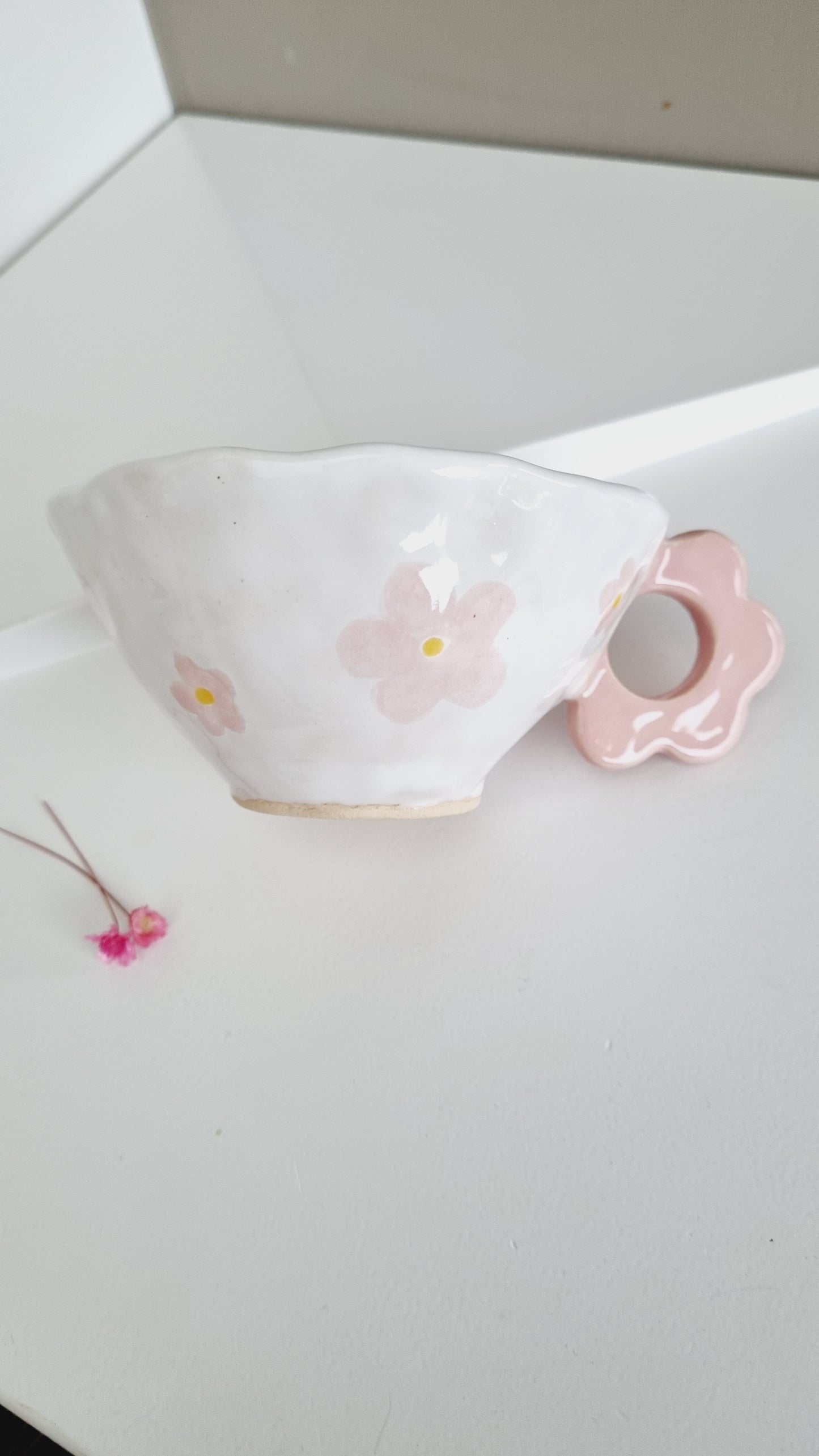 Girly Pink Ceramic Cup, Whimsical Handmade and Handpainted mug with Daisies, Flower Shape Handle