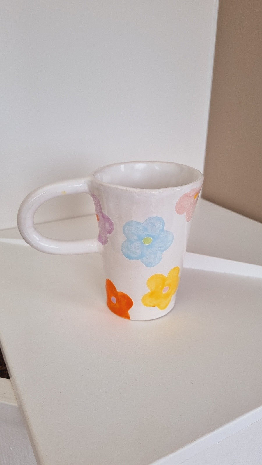 Large handmade mug with colorful flowers, modern mug with a touch of flower power, handmade gift.