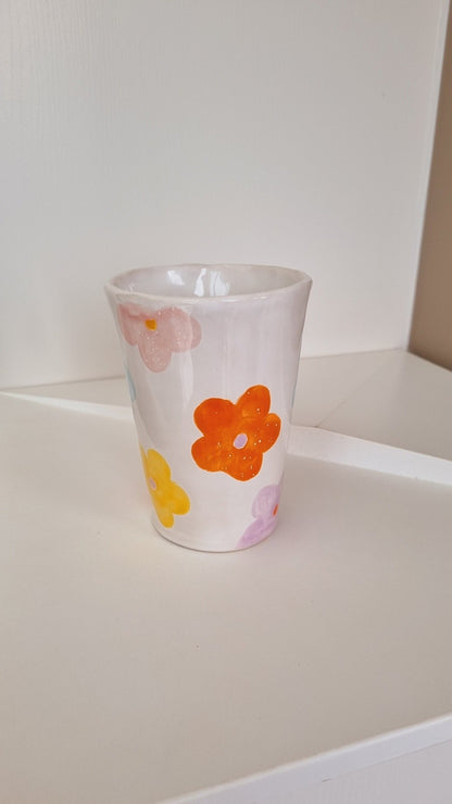 Large handmade mug with colorful flowers, modern mug with a touch of flower power, handmade gift.