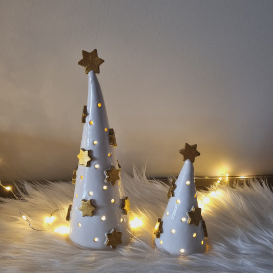 Ceramic Tree with golden stars, Small Space Christmas Tree