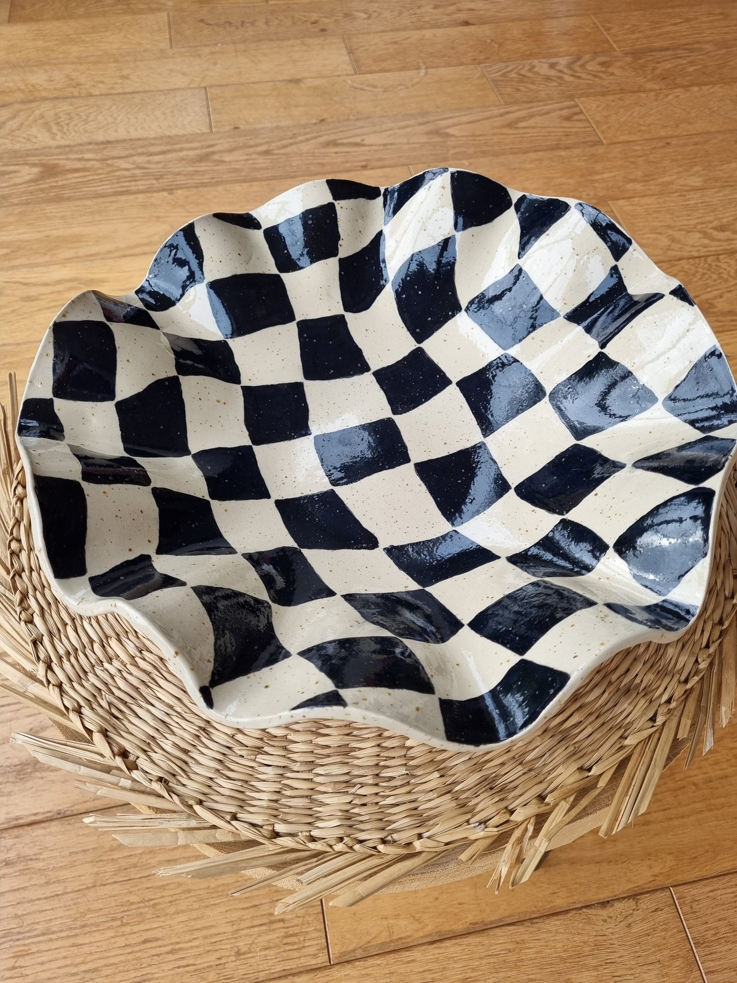 Black Checkers Handpainted ruffle bowl, eclectic style