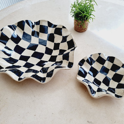 Black Checkers Handpainted ruffle bowl, eclectic style