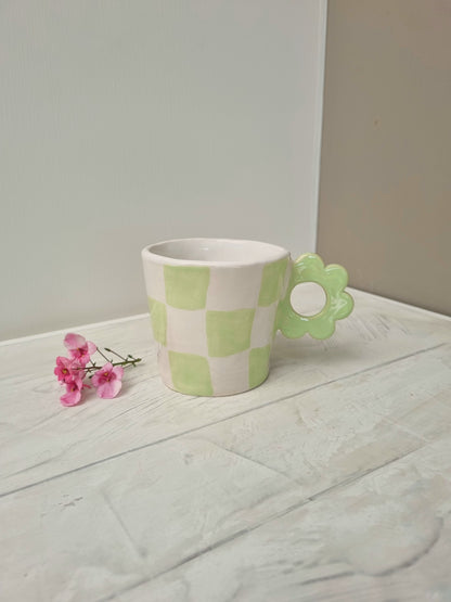 Green Hand painted Checkers Mug Flower Shape Handle