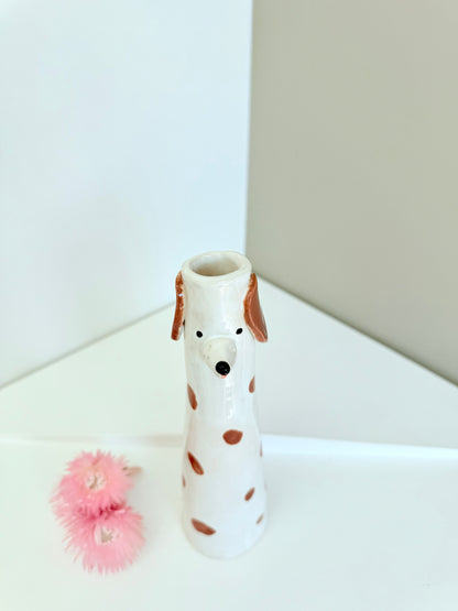 Cute Dog shaped skinny vase, handmade and hand painted ceramic doggy vase, unique gift