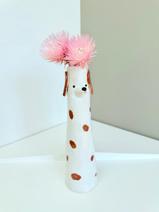 Cute Dog shaped skinny vase, handmade and hand painted ceramic doggy vase