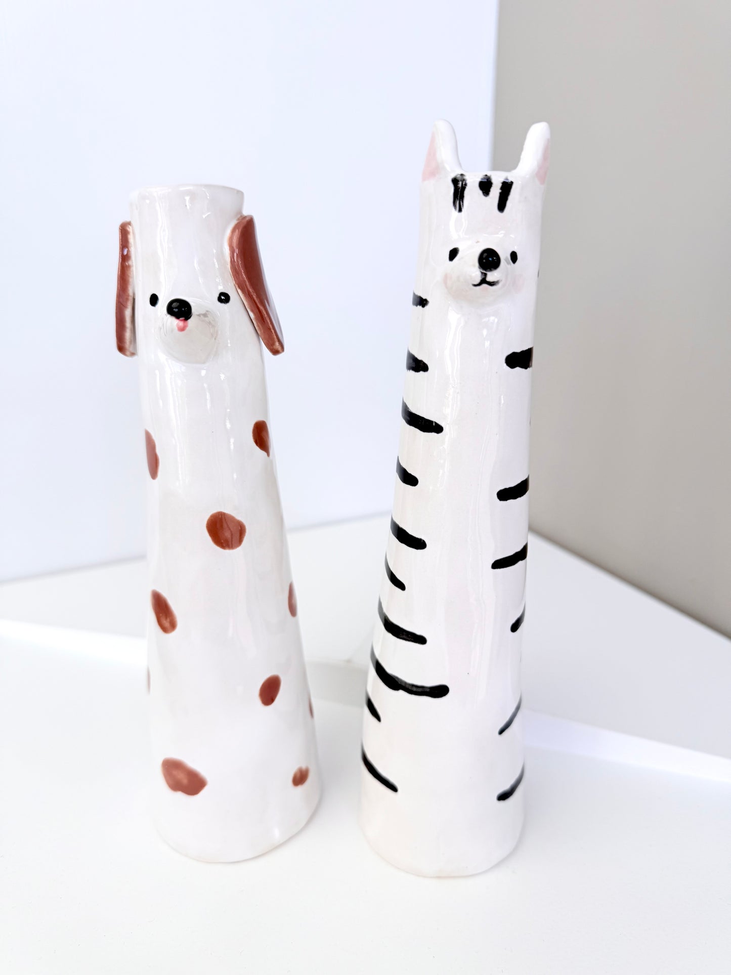 Cute Dog shaped skinny vase, handmade and hand painted ceramic doggy vase, unique gift