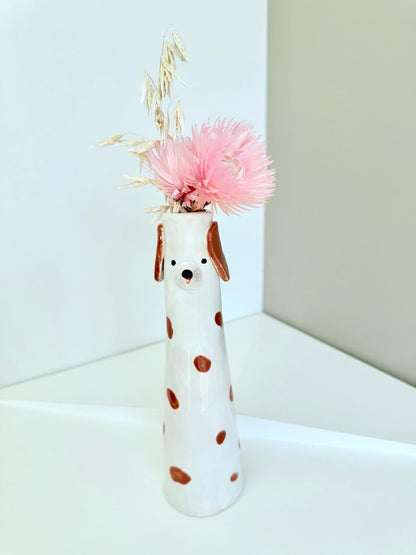 Cute Dog shaped skinny vase, handmade and hand painted ceramic doggy vase