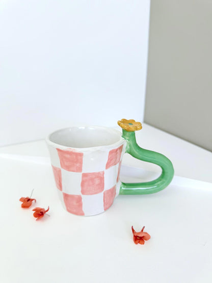 Mug with bold handle unique handmade checkers mug handpainted , flower stem handle, gift for artistic person.