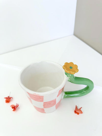 Mug with bold handle unique handmade checkers mug handpainted , flower stem handle, gift for artistic person.