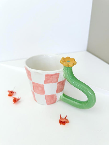Mug with bold handle unique handmade checkers mug handpainted , flower stem handle, gift for artistic person.