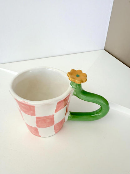 Mug with bold handle unique handmade checkers mug handpainted , flower stem handle, gift for artistic person.