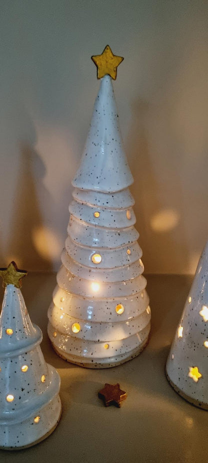 Ceramic Christmas Tree, white pierced Holiday luminary