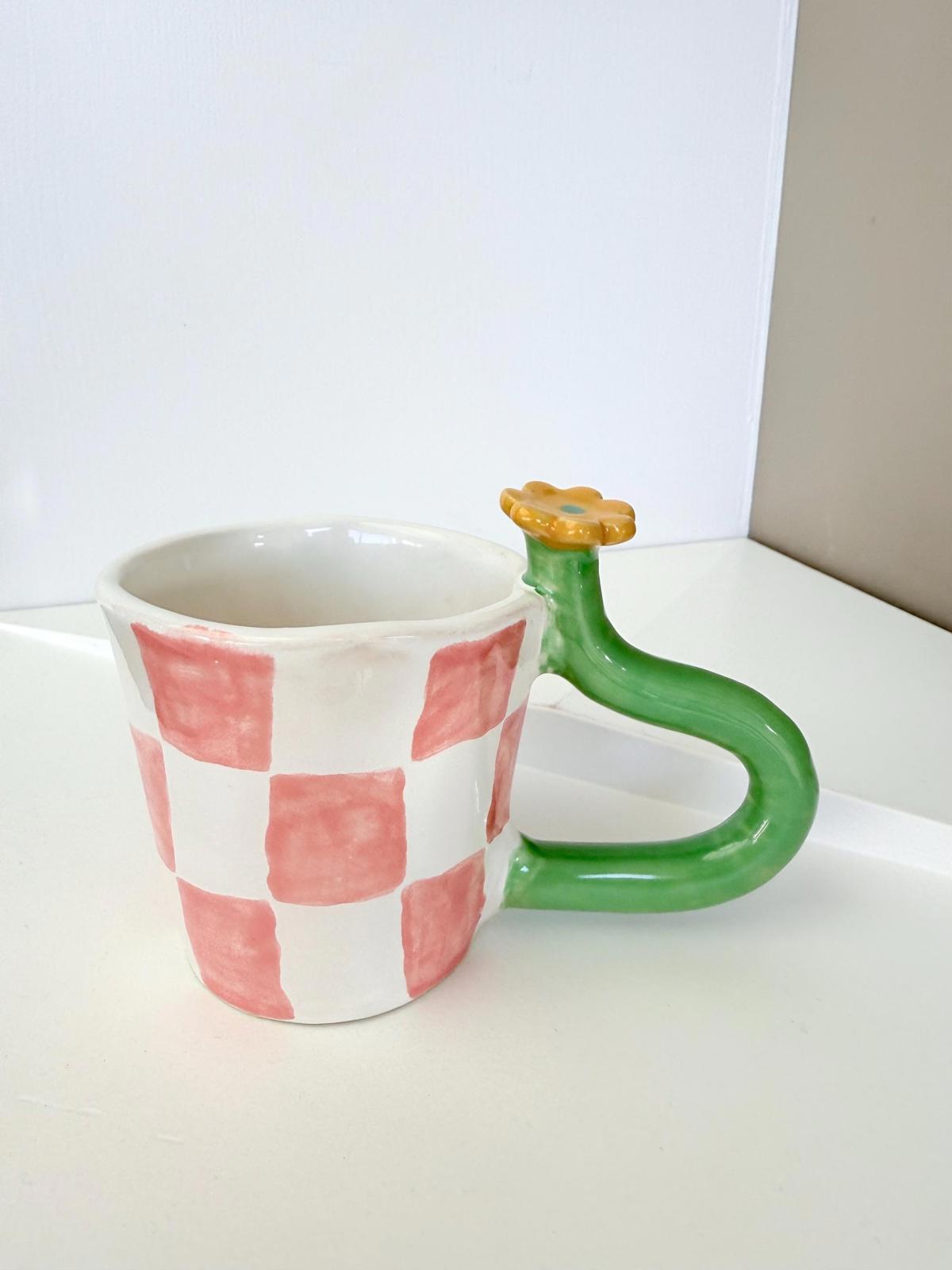 Mug with bold handle unique handmade checkers mug handpainted , flower stem handle, gift for artistic person.