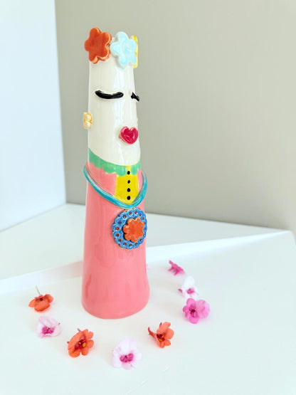 Unique vase with face , handmade and hand painted one of a kind ceramic vase, Frida Kahlo inspired vase, unique gift.
