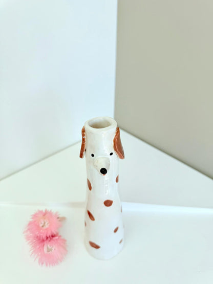 Cute Dog shaped skinny vase, handmade and hand painted ceramic doggy vase