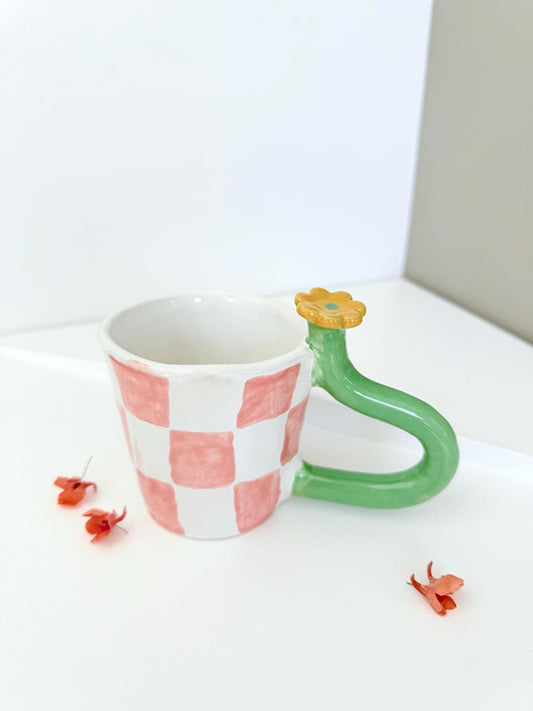 Mug with bold handle unique handmade checkers mug handpainted , flower stem handle, gift for artistic person.