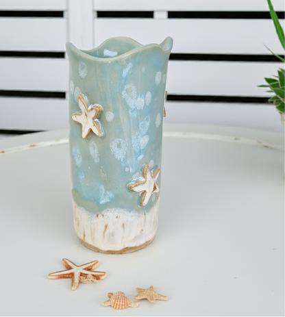 Vase im Küstenstil, wunderliche blaugrüne Keramikvase mit Seestern