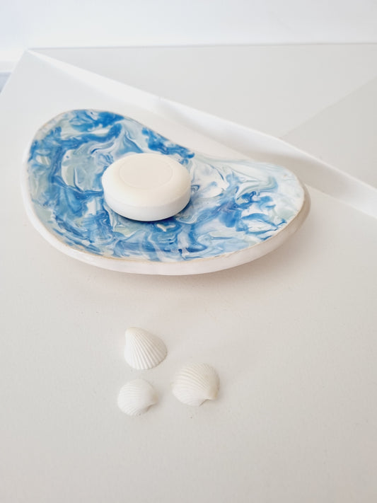 Blue marbled Coastal style soap dish, soap holder for beach house