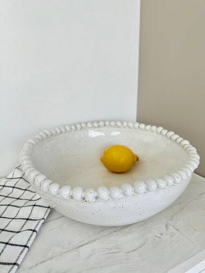 White ceramic bowl, speckled Centerpiece Bowl with small balls on the rim