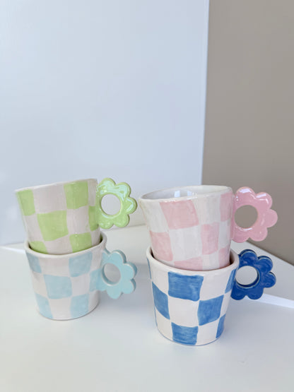 Lovely Turquoise Checkers Mug with Flower Shape Handle