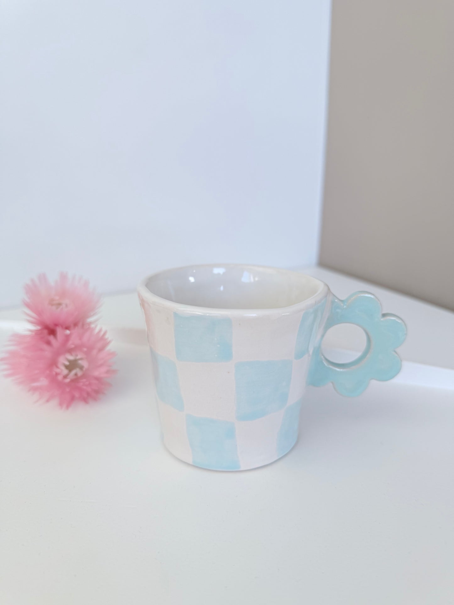 Lovely Turquoise Checkers Mug with Flower Shape Handle