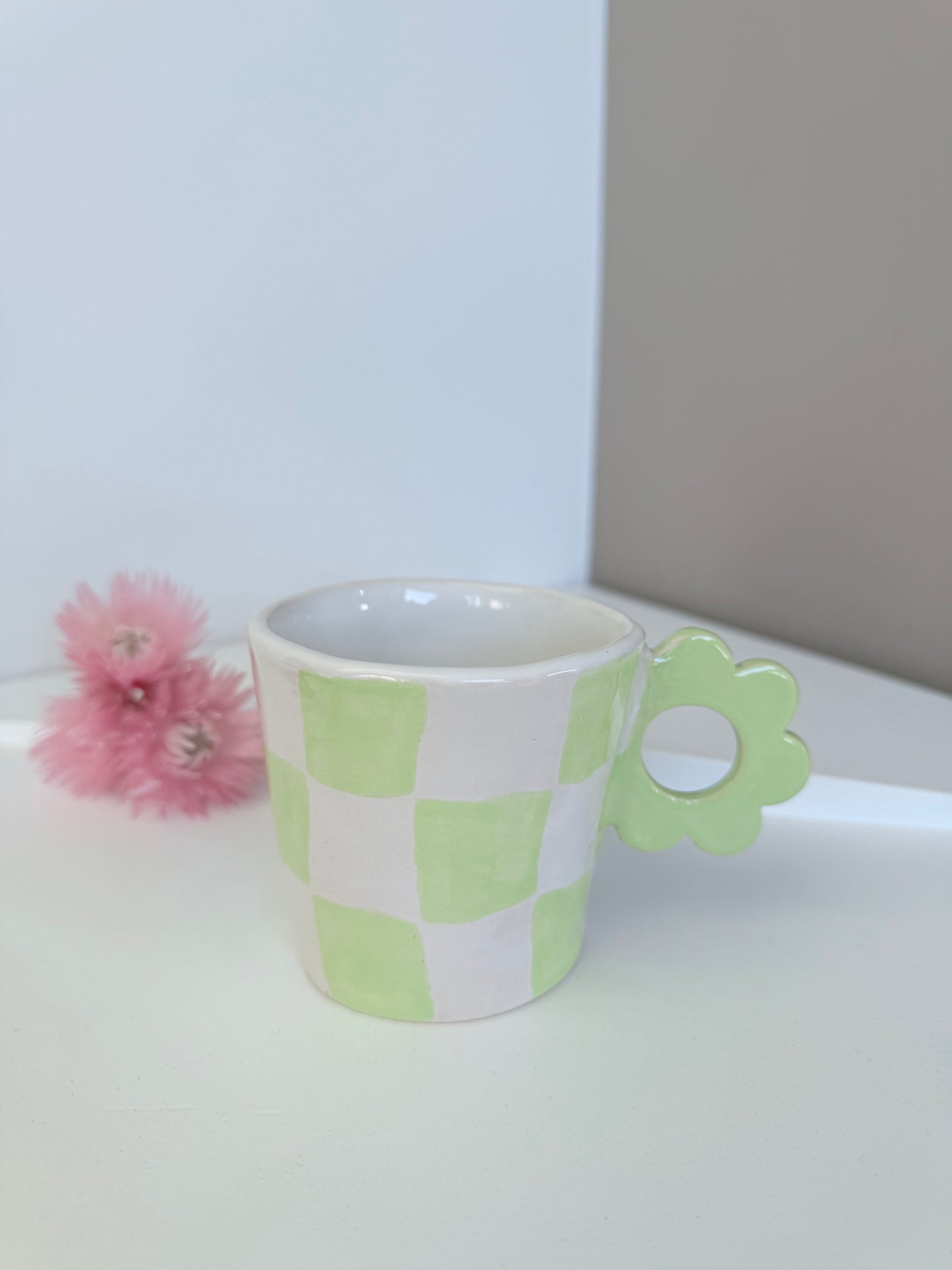 Green Hand painted Checkers Mug Flower Shape Handle